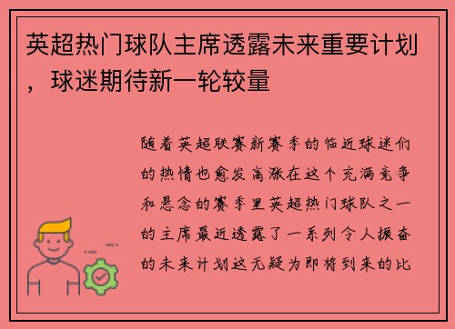 英超热门球队主席透露未来重要计划，球迷期待新一轮较量